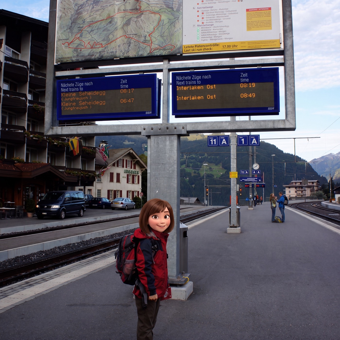 宿を早めに出て、グリンデルワルト(Grindelwald)の駅へ。発車案内には「Kleine Scheidegg(Jungfraujoch)