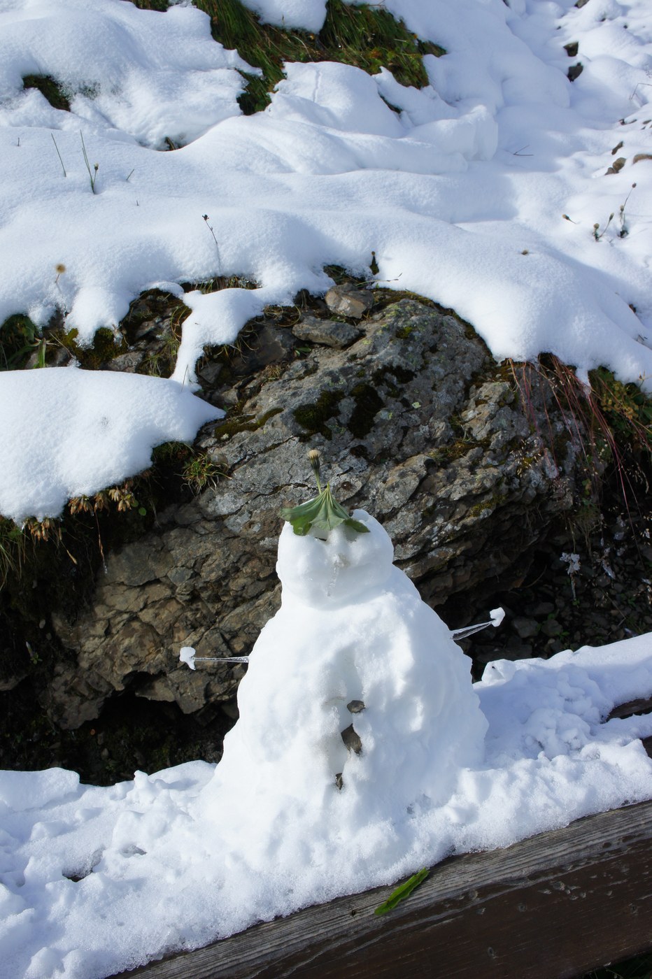 岩の上に、誰かが作った小さな雪だるまがちょこんと。こんな遊び心に出会えるのも、雪道歩きの楽しみだ。