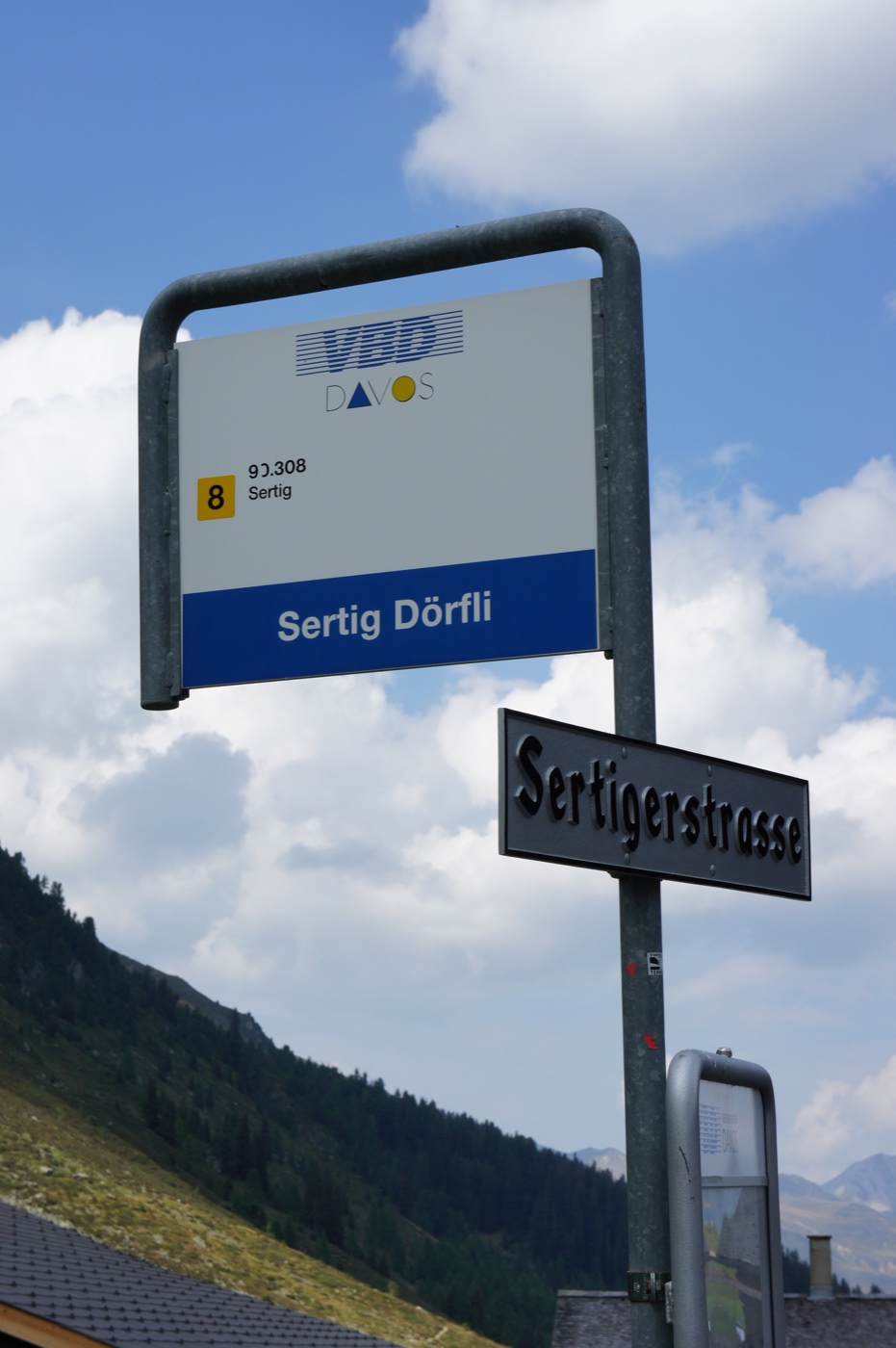 そろそろ帰りのバスの時間。バス停の名は『Sertig Dörfli』、つまりセルティグ村。ダヴォスの市バス(VBD)の8番が、こんな谷の奥ま