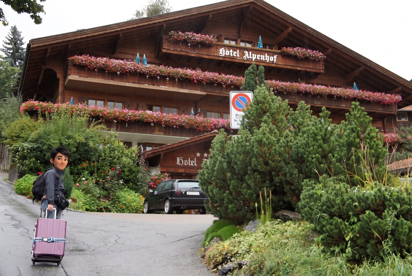 今夜の宿、Hotel Alpenhof。バルコニーいっぱいにピンクや赤の花が飾られた、大きな木造のホテルだ。雨の中、スーツケースを引いて到着