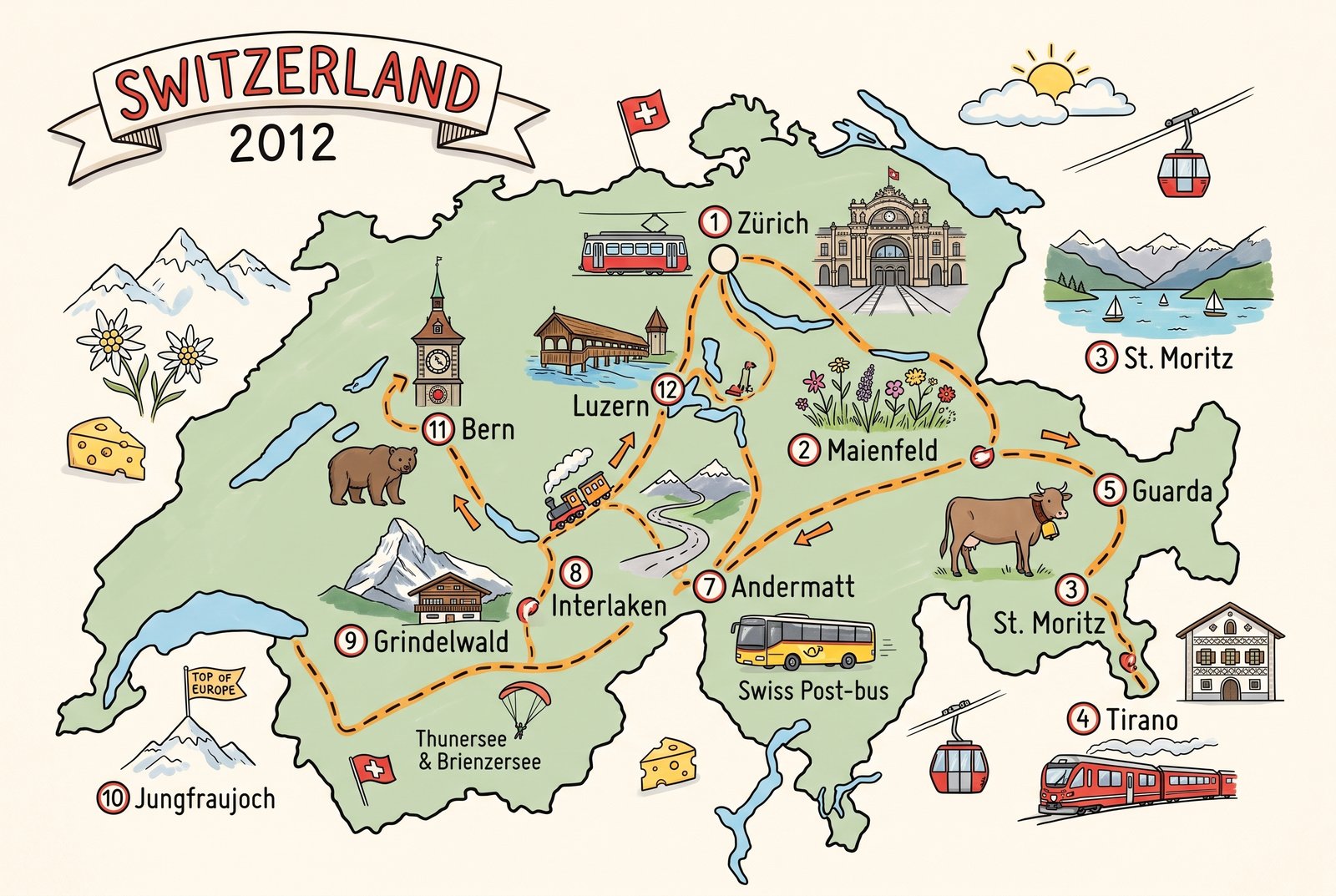 2012年スイス旅行の全行程マップ（手描きイラスト）